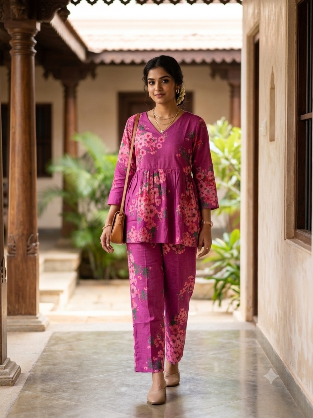 Magenta Floral Two-Piece Tunic & Pants Set